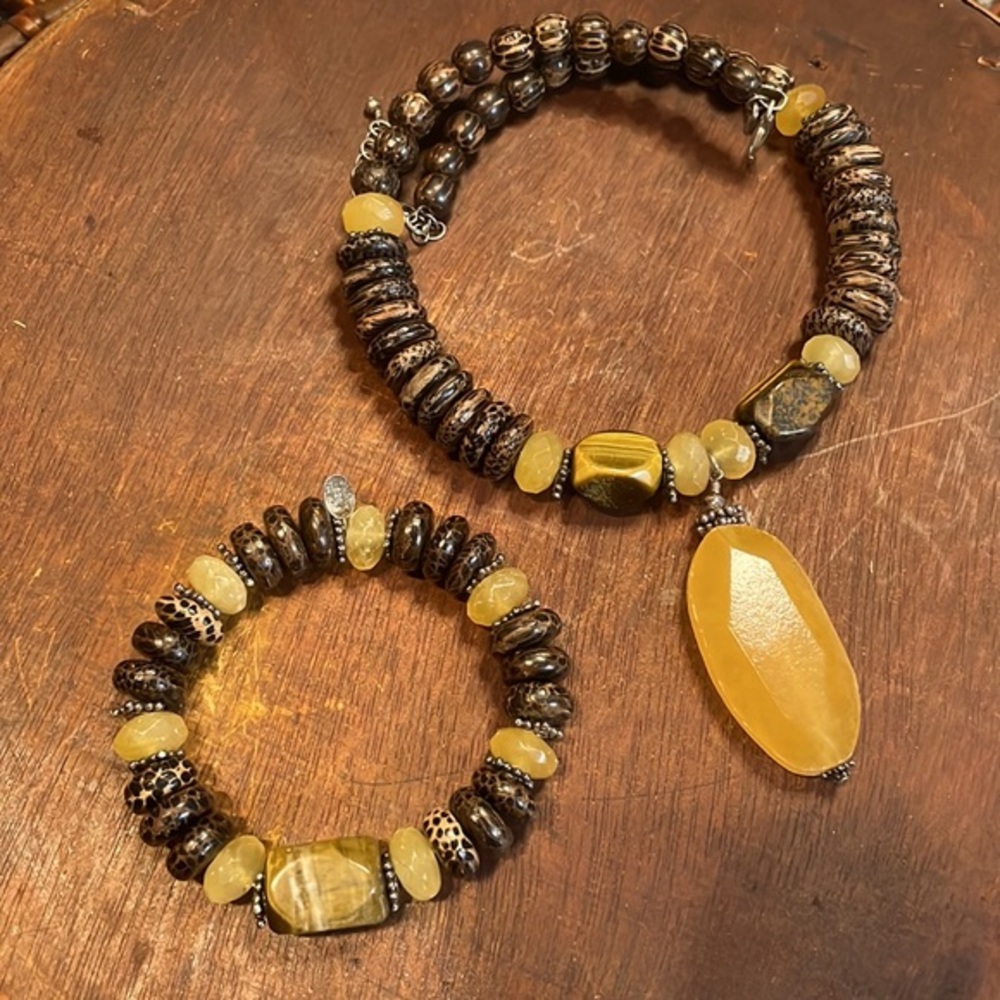 Silpada Honey Jade Tigers Eye Retired Necklace & Bracelet Set